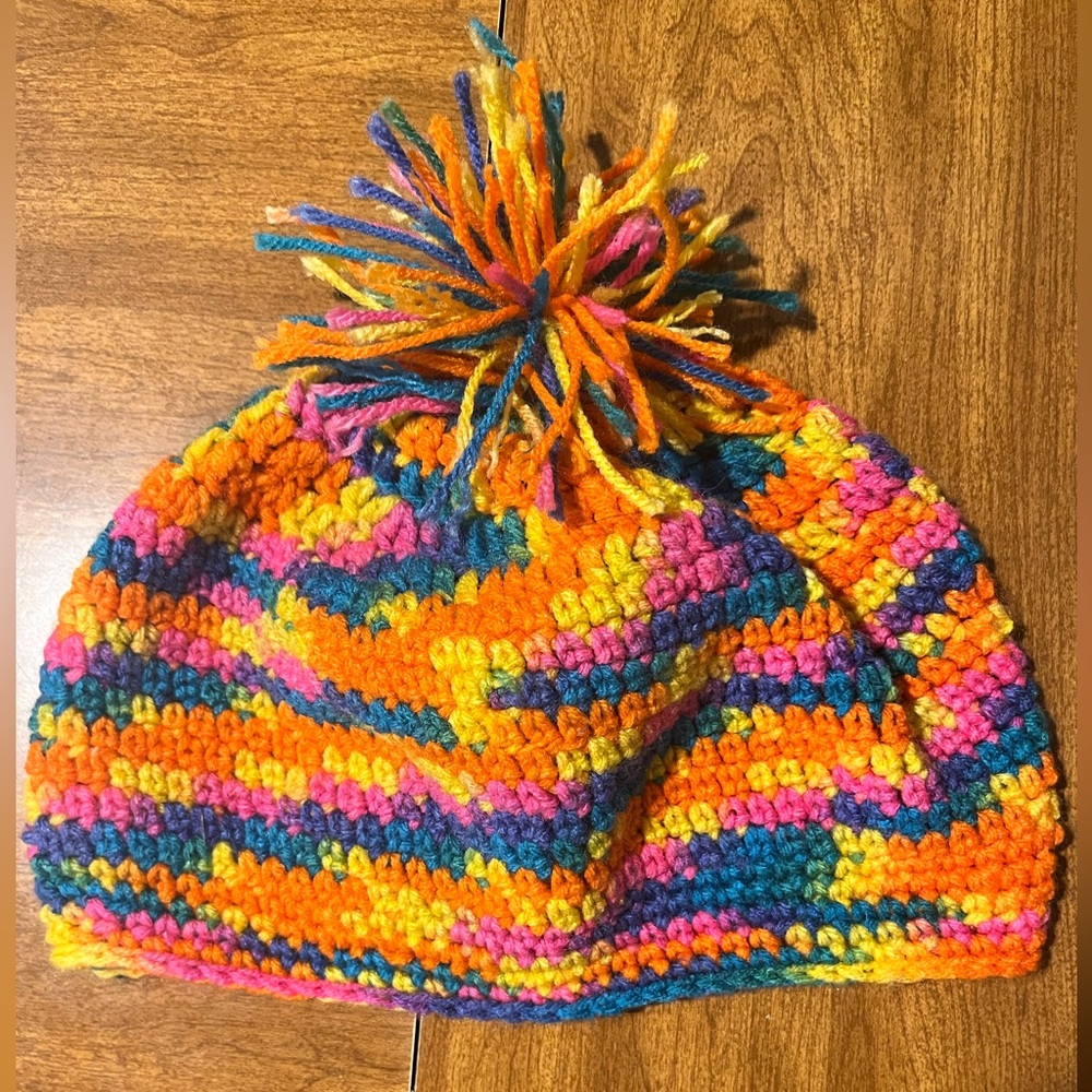 Handmade Colorful Adult Size Crochet Beanie with Pom-Pom New